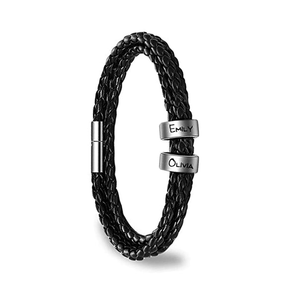 Personalized Mens Leather Bracelet with 2 Beads Leather Braided Bracelet for Men Multi-Layer Bracelet