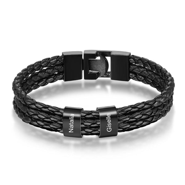 Personalized Braided Leather Bracelet Engraved 2 Names Men's Bracelet Gifts For Him