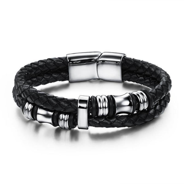 Mens Double-Row Black Braided Leather Bracelet Bangle Wristband with Black Stainless Steel Ornaments For Boyfriend/Father/Husband/Grandpa