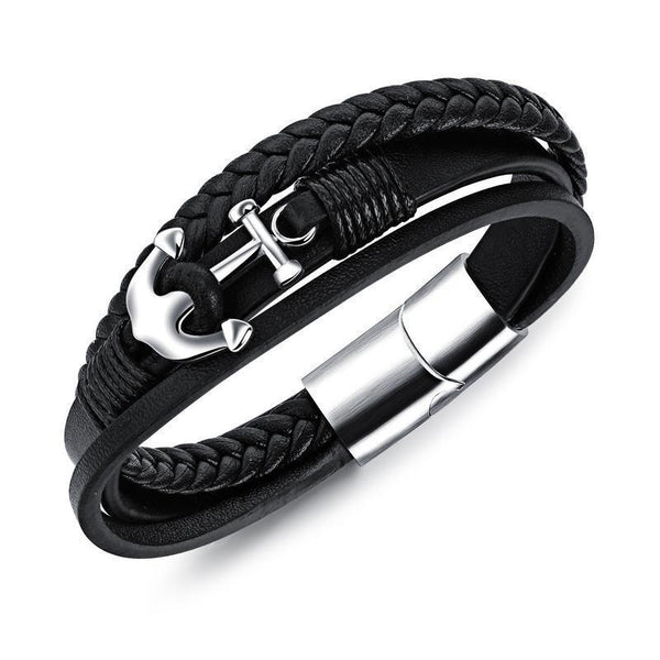 Black Stainless Steel Ornaments Double-Row Black Braided Leather Bracelet Bangle Wristband For Boyfriend/Father/Husband/Grandpa