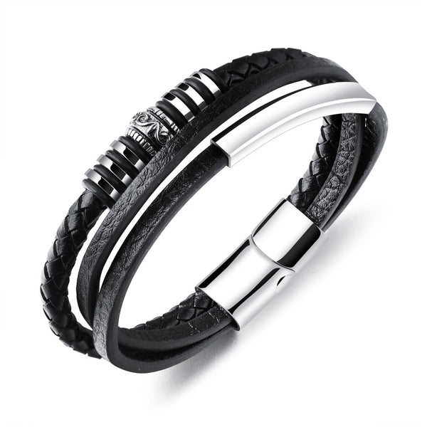 Double-Row Black Braided Leather Bracelet Bangle Wristband with Black Stainless Steel Ornaments For Boyfriend/Father/Husband/Grandpa