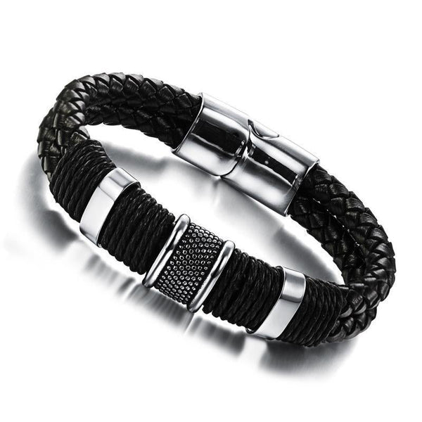 Braided Leather Bracelets For Men With Magnetic Stainless Steel Clasp, Black Wristband Cuff Bangle Magnetic Clasp