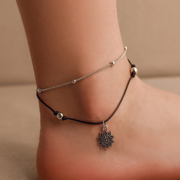 Layered Anklets Women Sun Silver Ankle Bracelet Charm Beaded Dainty Foot Jewelry for Women