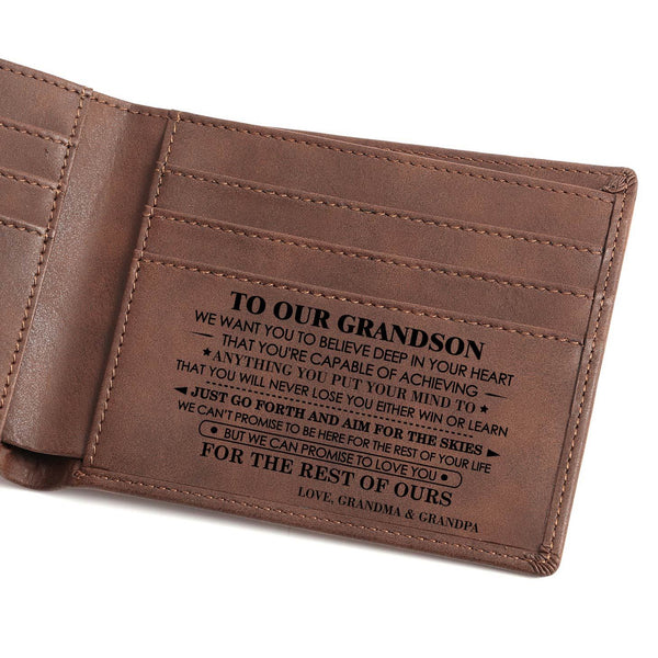 To Our Grandson PU Leather Wallets Personalized with Words Birthday Granduation Gift