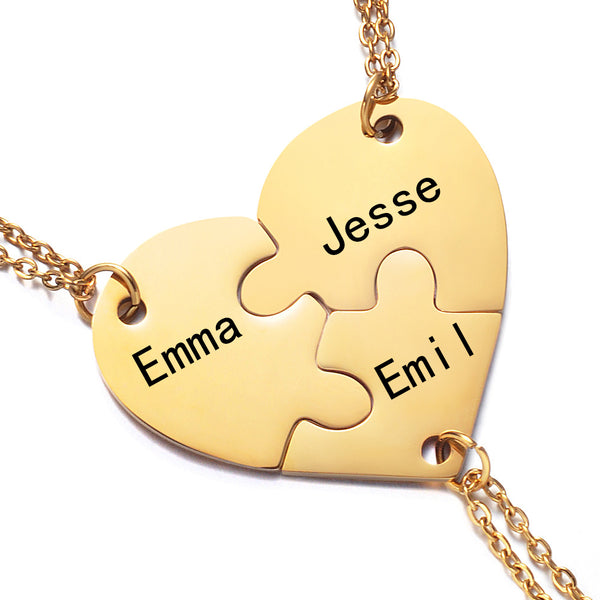 Personalized Heart Puzzle Necklace Engraved 3 Names Gifts for Family