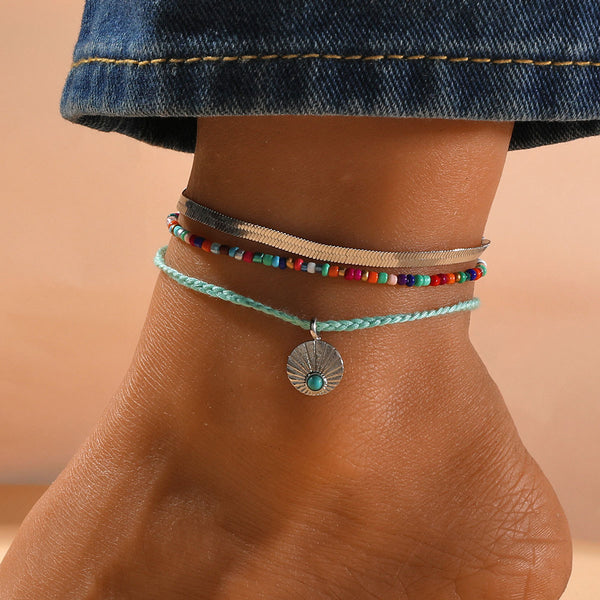 3Pcs Handmade Beaded Anklets for Women Boho Elastic Beaded Ankle Bracelets Multilayered Colorful Beads Stretch Anklets Set Foot Jewelry