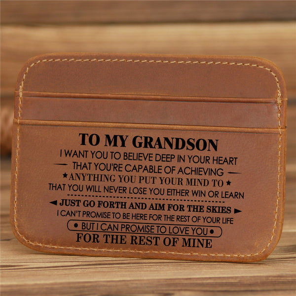 To Grandson Genuine Leather Card Holder with Blessing Words Birthday Graduation Christmas Gift