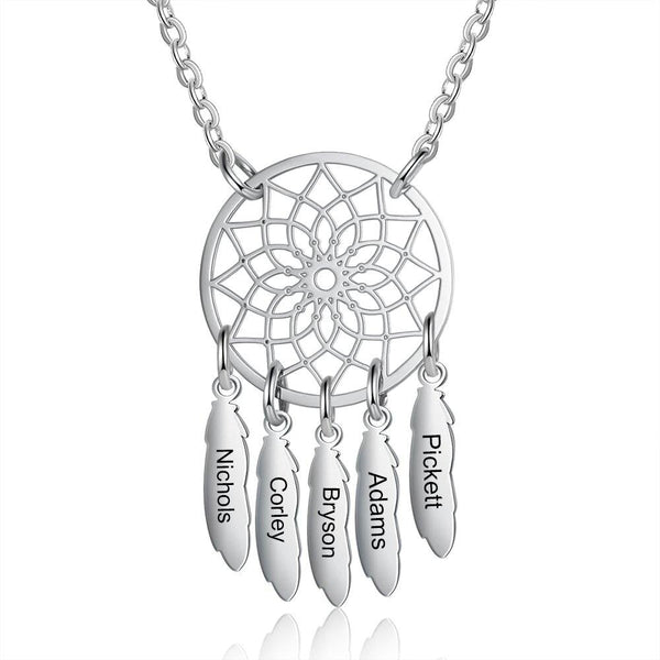 Personalized Dream Catcher Necklace with Engraving 5 Names for Her