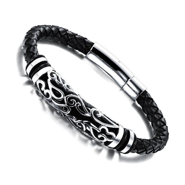 Black Leather Charm Bracelet with Stainless Steel Rocker Clasp  For Boyfriend/Father/Husband/Grandpa