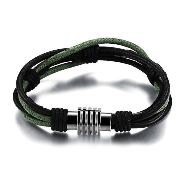 Mens Double-Row Black Braided Leather Bracelet Bangle Wristband with Black Stainless Steel Ornaments For Boyfriend/Father/Husband/Grandpa