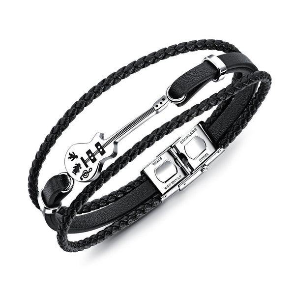 Music style Guitar Double-Row Black Braided Leather Bracelet Bangle Wristband with Black Stainless Steel Ornaments For Boyfriend/Father/Husband/Grandpa